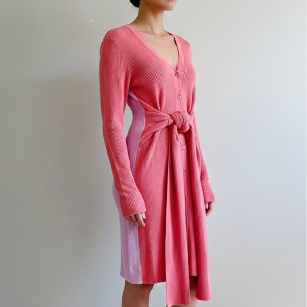 TOME NYC Pink Ribbed Merino Wool Color Block Cardigan Sweater Dress